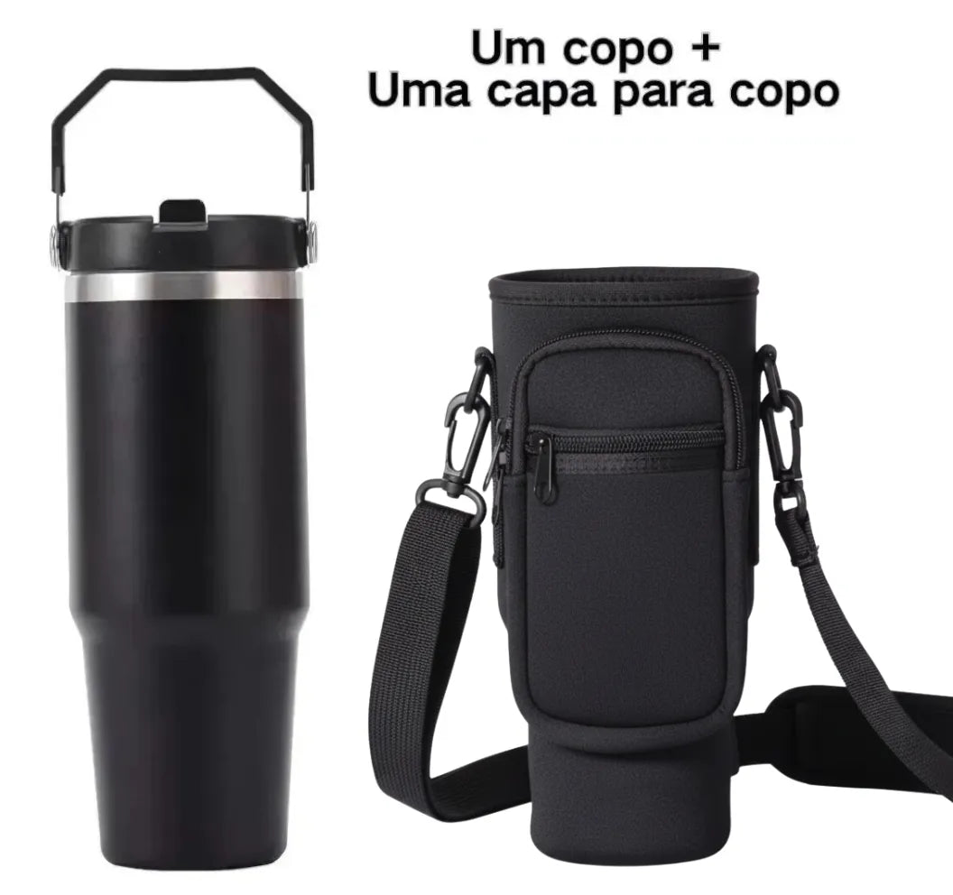 Bolsa Porta Garrafa de Água com Alça Ajustável Impermeável ou KIT com Bolsa+Copo Térmico 890ml