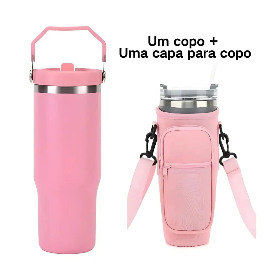 Bolsa Porta Garrafa de Água com Alça Ajustável Impermeável ou KIT com Bolsa+Copo Térmico 890ml